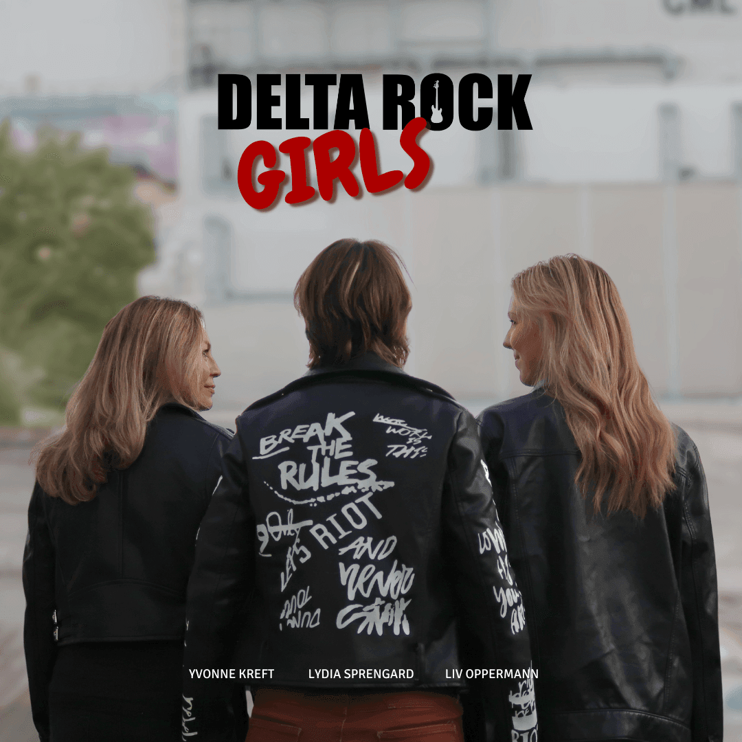 Three women in leather jackets with graffiti text, under the 'Delta Rock Girls' title.